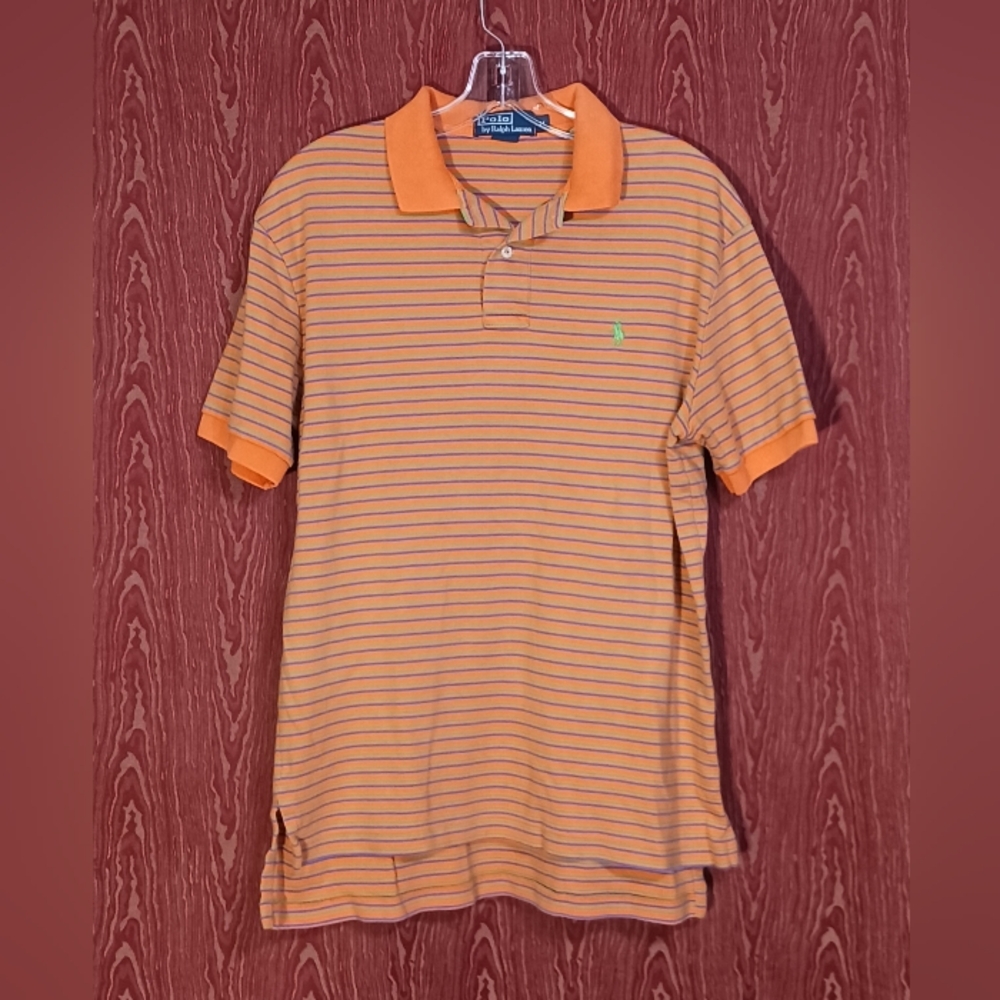 POLO BY RALPH LAUREN Short Sleeve Collared Orange Stripe Long Tail Polo Shirt M